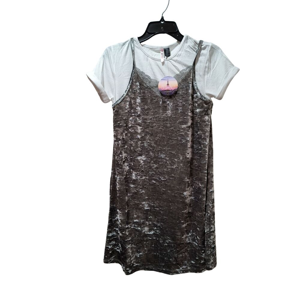 Love by Design Crushed Velvet 2fer Dress Small Silver Fern Twofer NWT